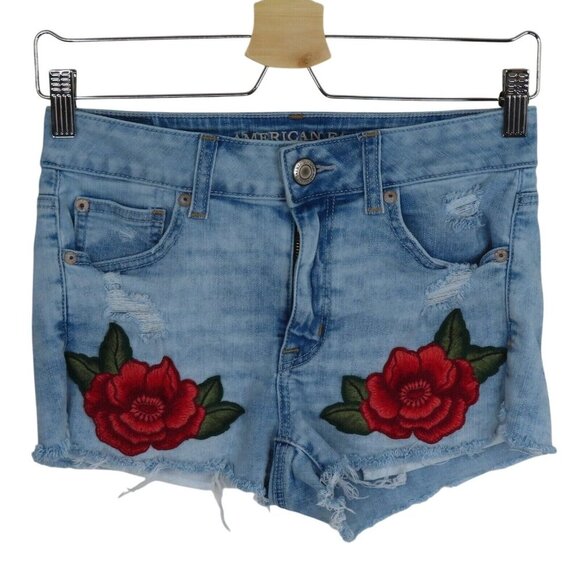 American Eagle Womens 4 Super Stretch Hi Rise Shortie Embroidered Roses Denim - Picture 9 of 9